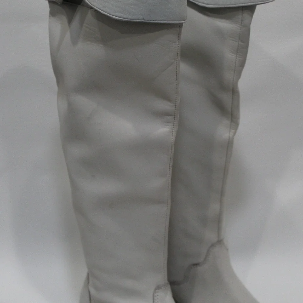 Vintage Foundry‎ Co Women's Light Gray Leather Tall Fold Over Boots 8.5 VFL285
